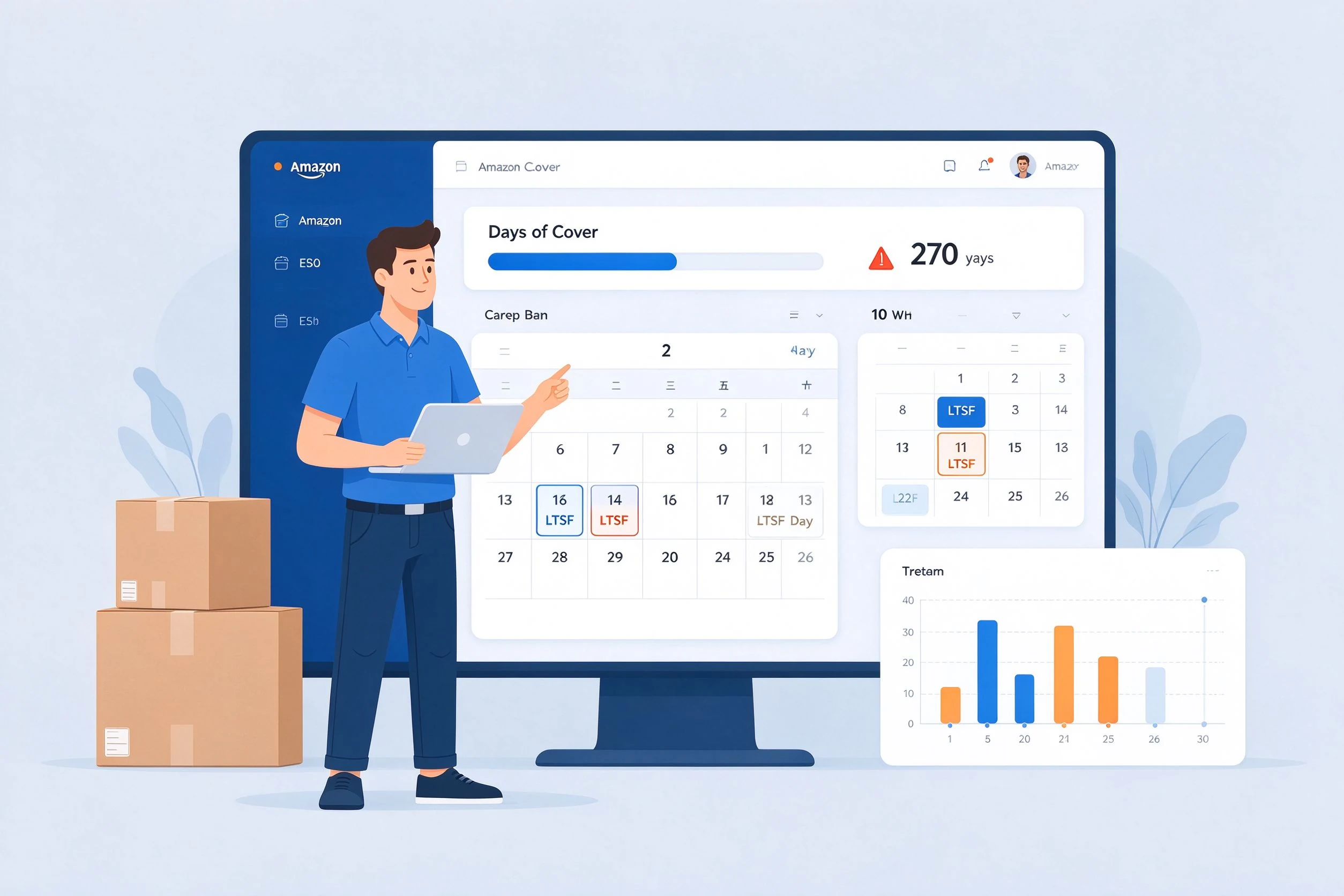 Illustration eines Amazon-FBA-Verkäufers, der Lageralter und Nachbestellpunkte auf einem Lager-Dashboard verfolgt.