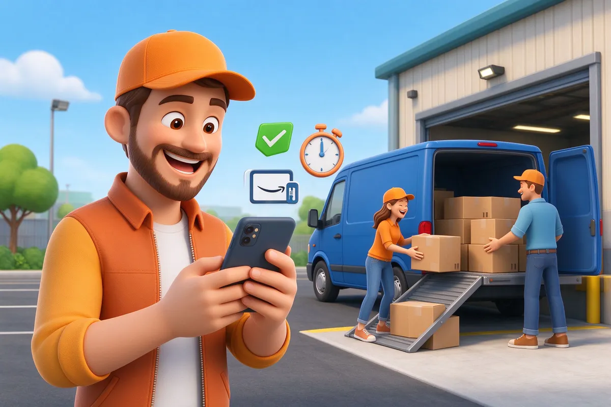 Minh họa xe tải giao hàng màu xanh chở hộp kraft tại bến kho.