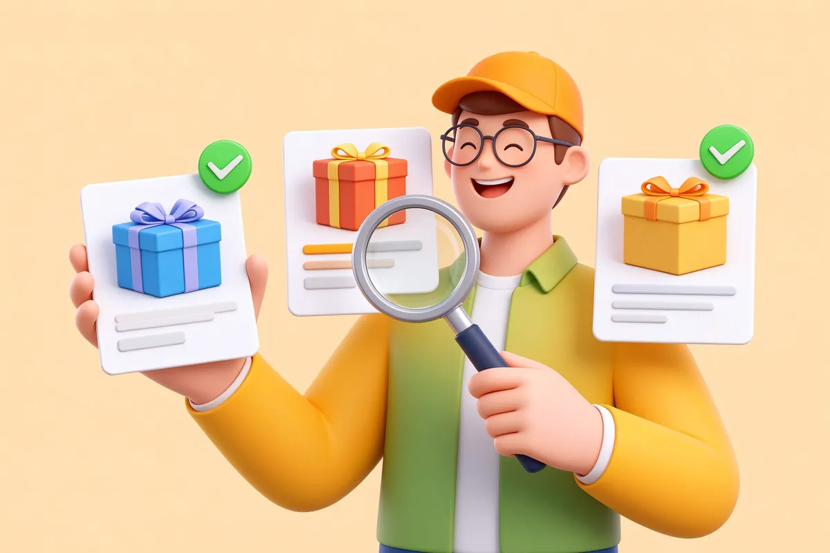 白いカードに載せた 3 つの商品ボックスを拡大鏡で採点するイラスト。